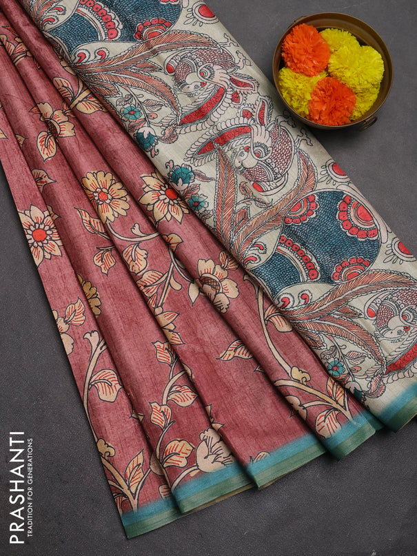 Semi tussar saree dark peach and teal blue with allover kalamkari prints and piping zari woven border