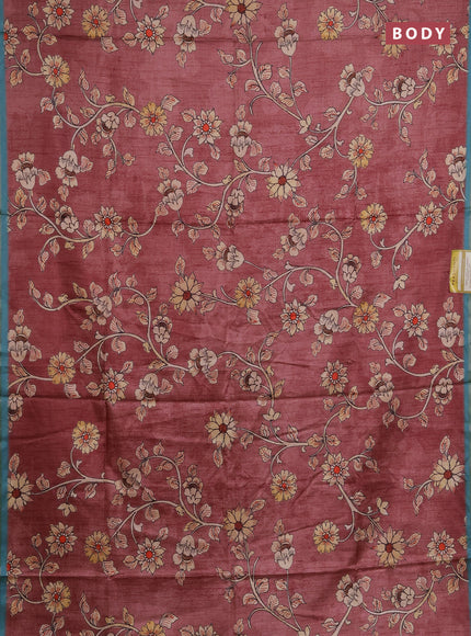 Semi tussar saree dark peach and teal blue with allover kalamkari prints and piping zari woven border