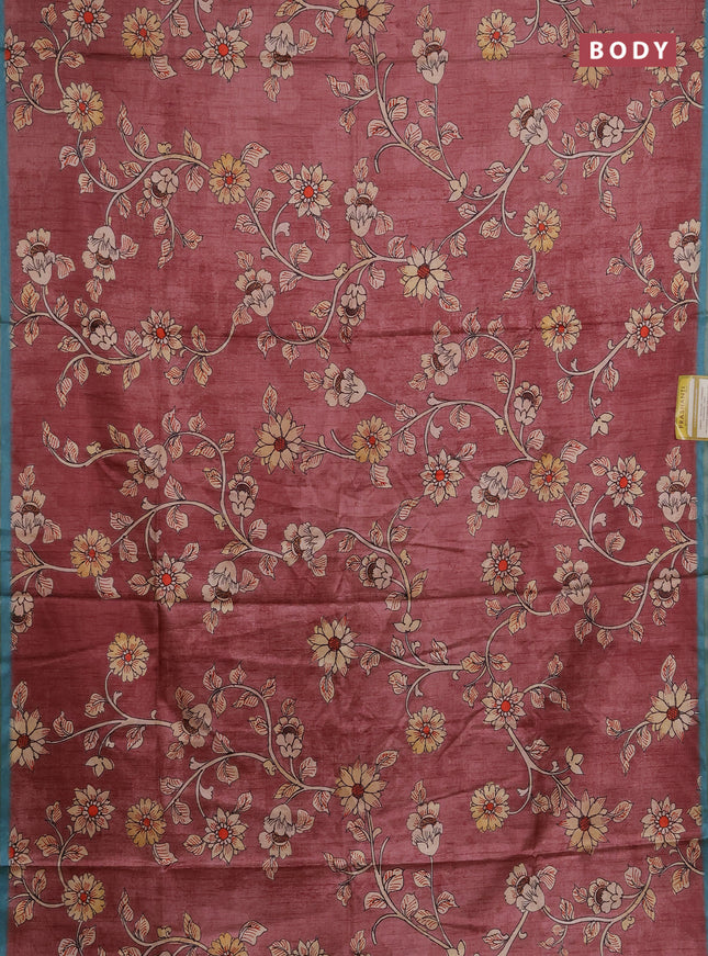 Semi tussar saree dark peach and teal blue with allover kalamkari prints and piping zari woven border