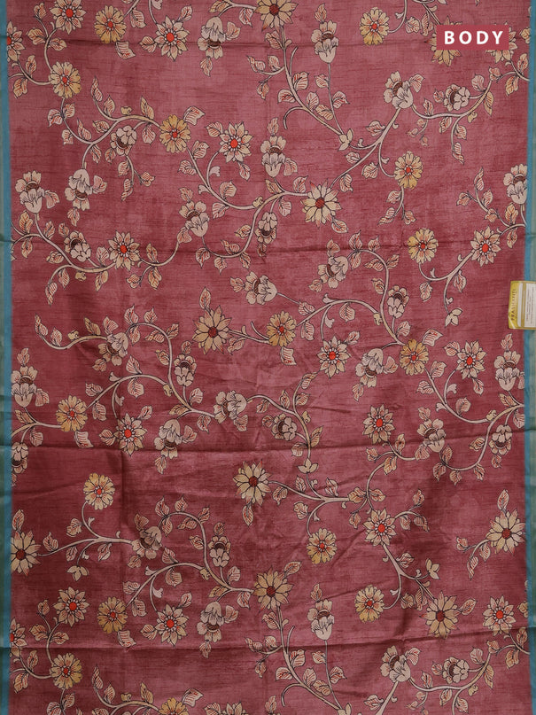 Semi tussar saree dark peach and teal blue with allover kalamkari prints and piping zari woven border