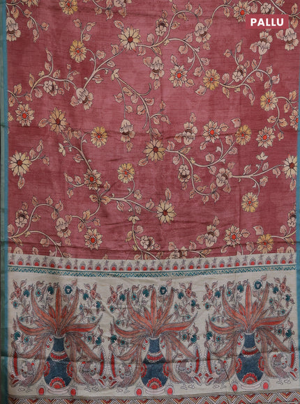 Semi tussar saree dark peach and teal blue with allover kalamkari prints and piping zari woven border