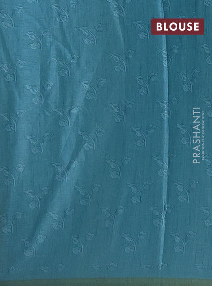 Semi tussar saree dark peach and teal blue with allover kalamkari prints and piping zari woven border