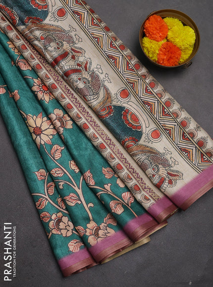 Semi tussar saree green and pink shade with allover kalamkari prints and piping zari woven border