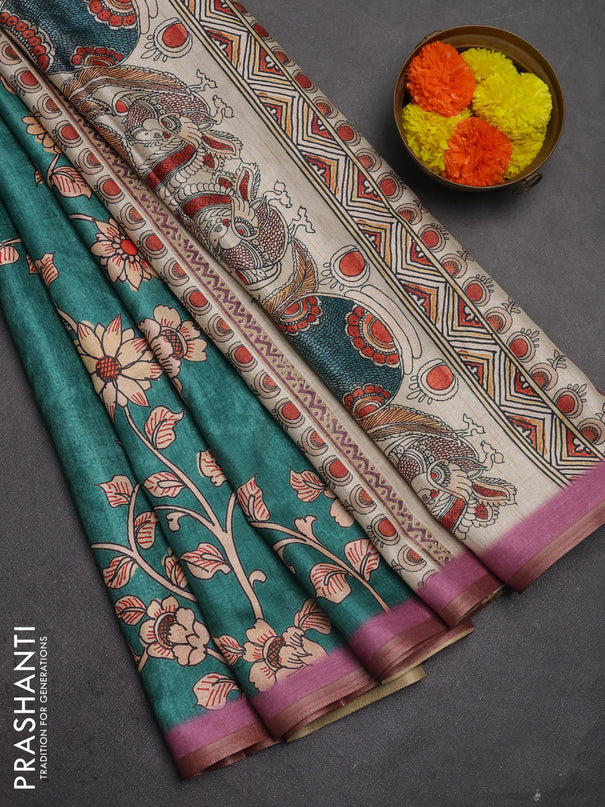 Semi tussar saree green and pink shade with allover kalamkari prints and piping zari woven border