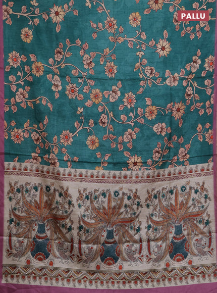 Semi tussar saree green and pink shade with allover kalamkari prints and piping zari woven border