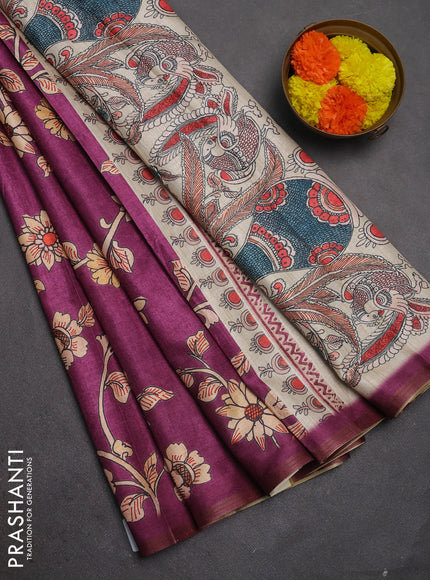 Semi tussar saree purple with allover kalamkari prints and piping zari woven border