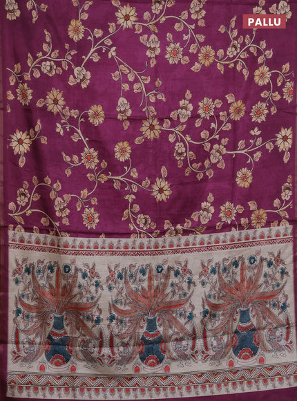 Semi tussar saree purple with allover kalamkari prints and piping zari woven border