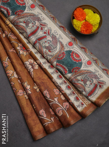 Semi tussar saree dark mustard with allover kalamkari prints and piping zari woven border