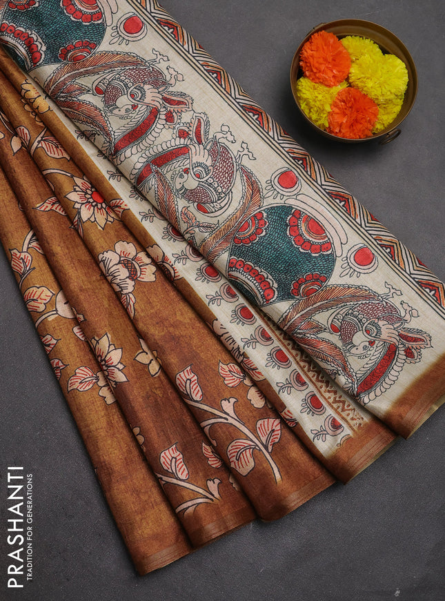 Semi tussar saree dark mustard with allover kalamkari prints and piping zari woven border