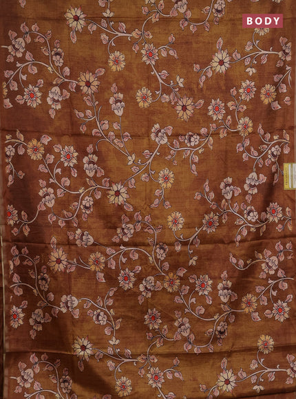 Semi tussar saree dark mustard with allover kalamkari prints and piping zari woven border