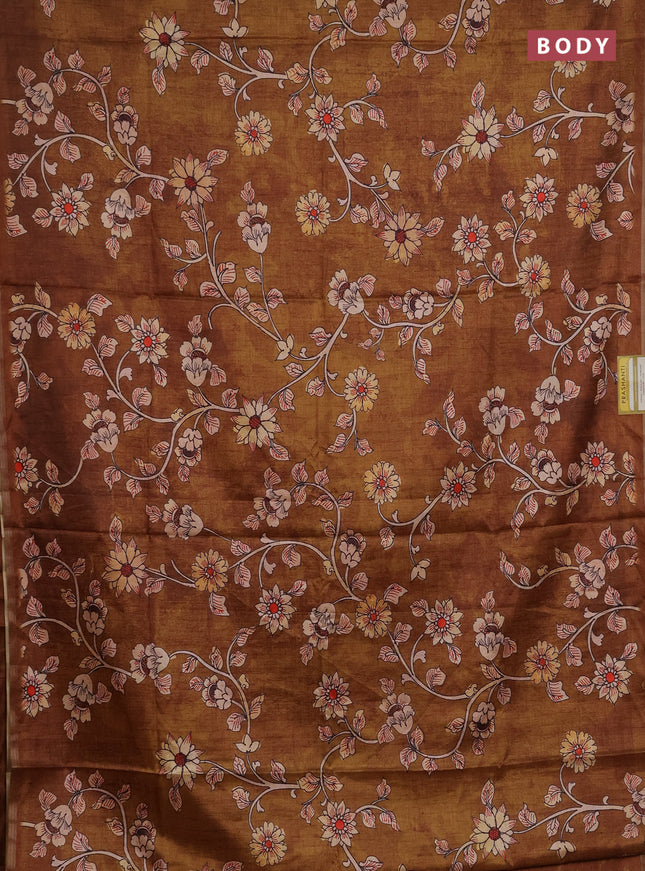 Semi tussar saree dark mustard with allover kalamkari prints and piping zari woven border