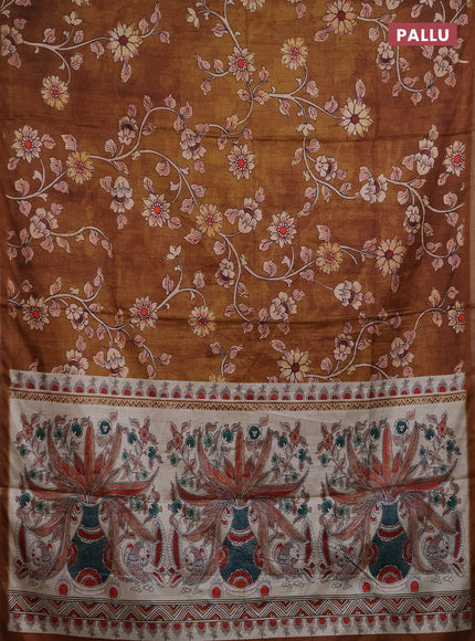 Semi tussar saree dark mustard with allover kalamkari prints and piping zari woven border