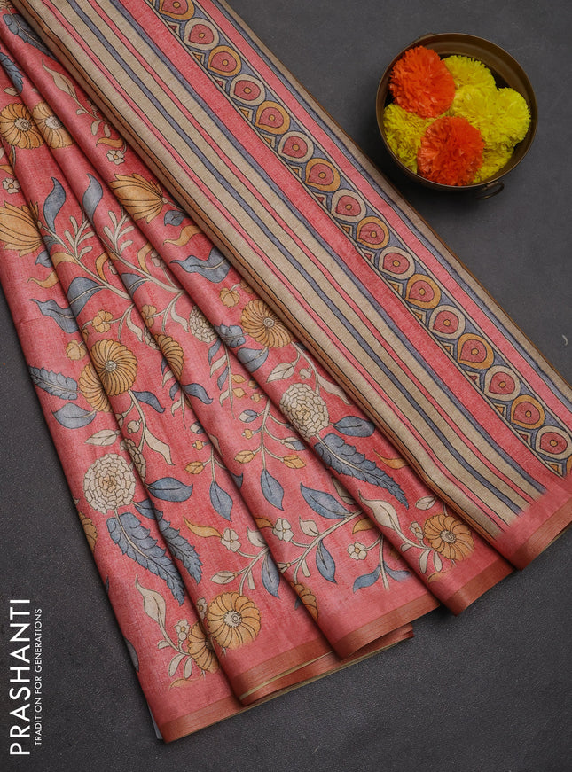 Semi tussar saree dark peach with allover prints and piping zari woven border