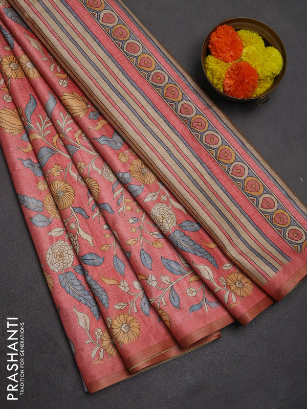 Semi tussar saree dark peach with allover prints and piping zari woven border