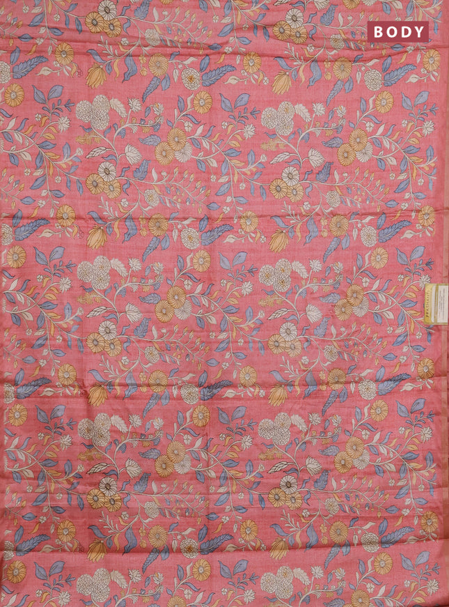 Semi tussar saree dark peach with allover prints and piping zari woven border