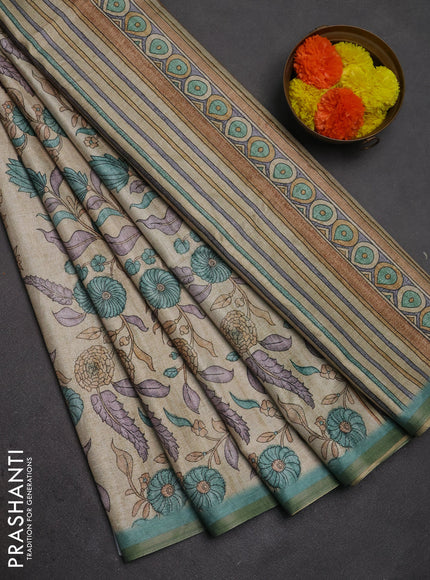 Semi tussar saree beige and teal blue with allover prints and piping zari woven border