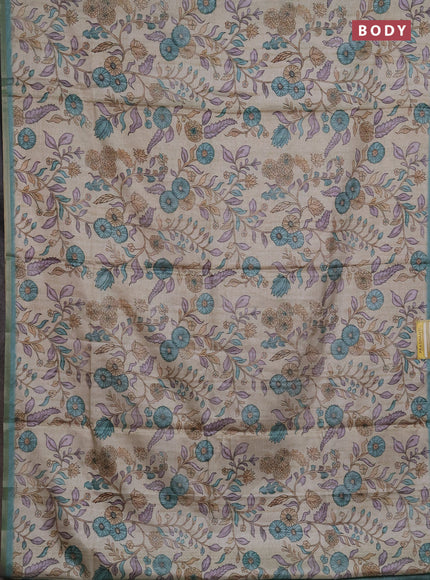 Semi tussar saree beige and teal blue with allover prints and piping zari woven border