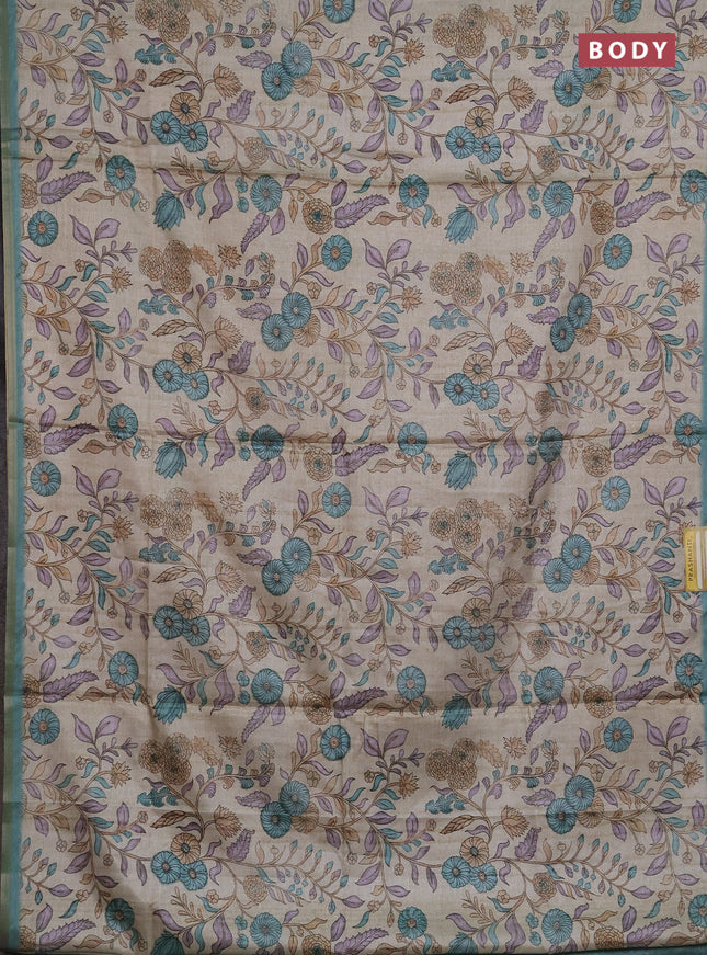 Semi tussar saree beige and teal blue with allover prints and piping zari woven border