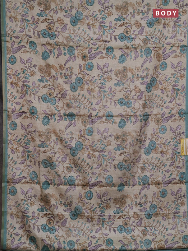 Semi tussar saree beige and teal blue with allover prints and piping zari woven border