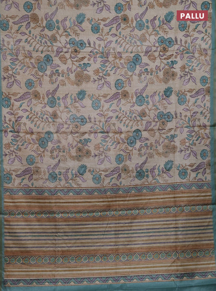 Semi tussar saree beige and teal blue with allover prints and piping zari woven border