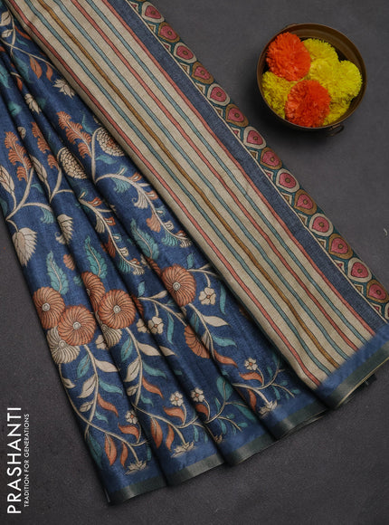 Semi tussar saree blue with allover prints and piping zari woven border