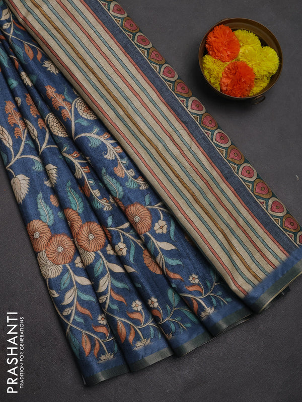 Semi tussar saree blue with allover prints and piping zari woven border