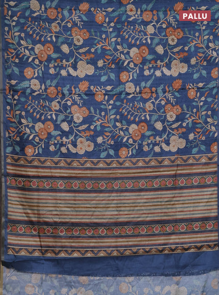 Semi tussar saree blue with allover prints and piping zari woven border