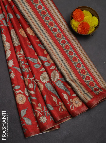 Semi tussar saree red with allover prints and piping zari woven border