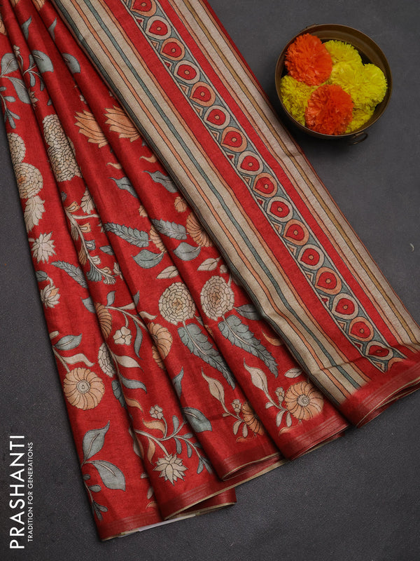 Semi tussar saree red with allover prints and piping zari woven border