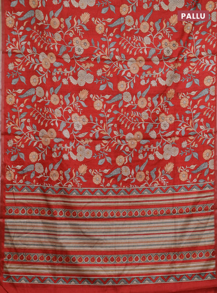 Semi tussar saree red with allover prints and piping zari woven border