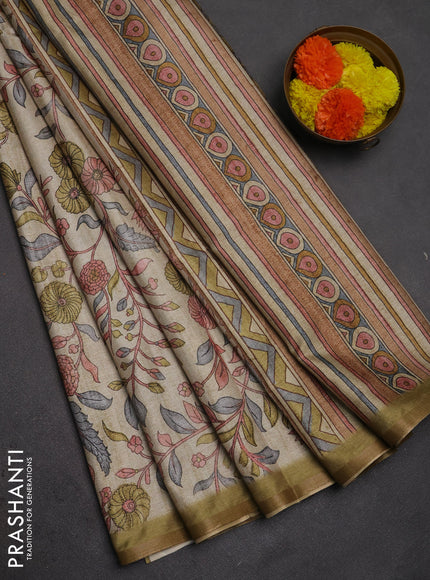 Semi tussar saree beige and olive green with allover prints and piping zari woven border