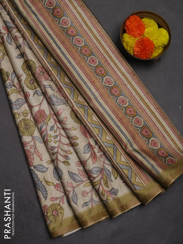 Semi tussar saree beige and olive green with allover prints and piping zari woven border