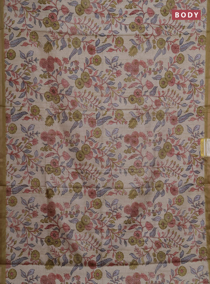 Semi tussar saree beige and olive green with allover prints and piping zari woven border