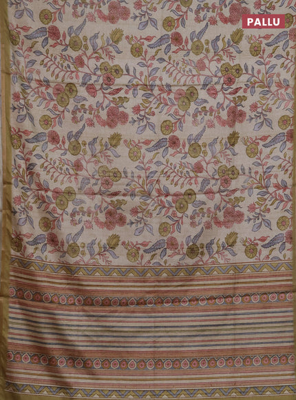 Semi tussar saree beige and olive green with allover prints and piping zari woven border