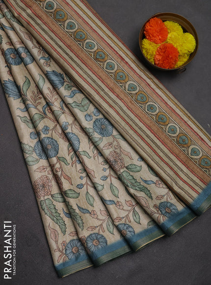 Semi tussar saree beige and pastel blue with allover prints and piping zari woven border