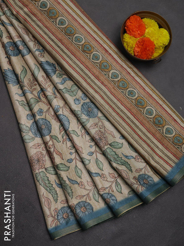 Semi tussar saree beige and pastel blue with allover prints and piping zari woven border