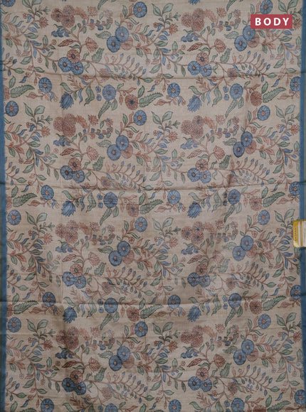 Semi tussar saree beige and pastel blue with allover prints and piping zari woven border