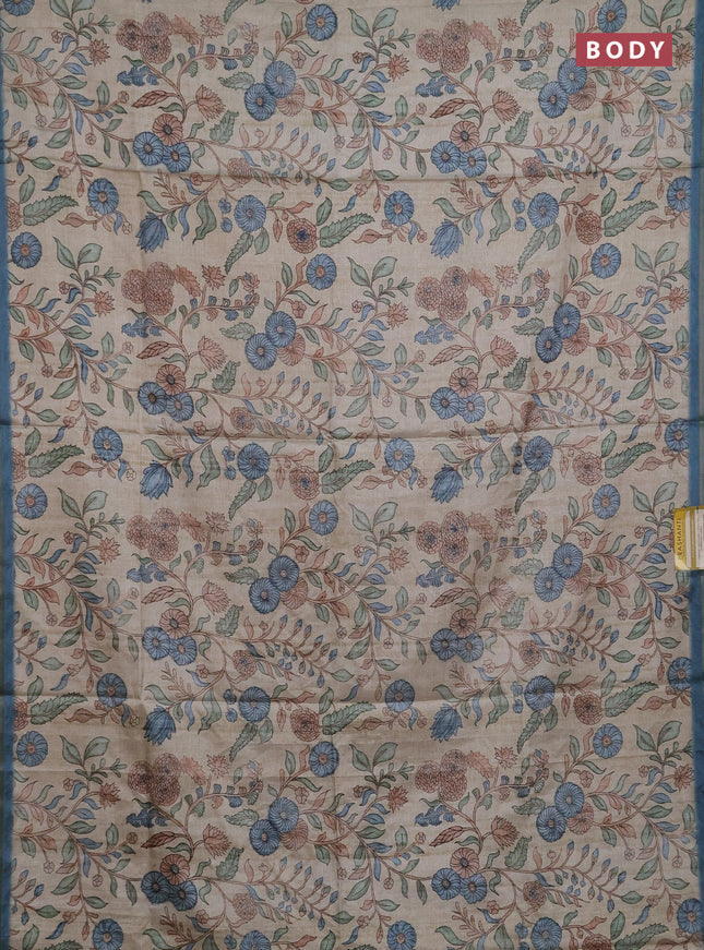 Semi tussar saree beige and pastel blue with allover prints and piping zari woven border