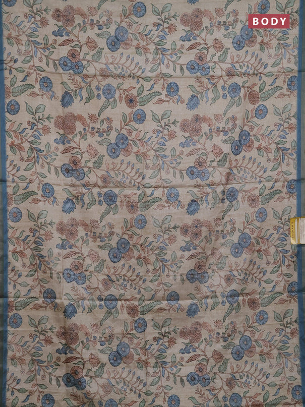 Semi tussar saree beige and pastel blue with allover prints and piping zari woven border