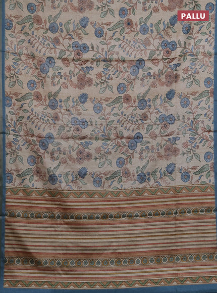 Semi tussar saree beige and pastel blue with allover prints and piping zari woven border