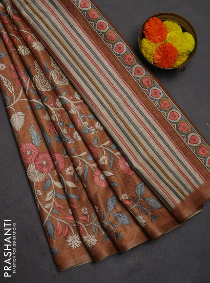 Semi tussar saree dark mustard with allover prints and piping zari woven border