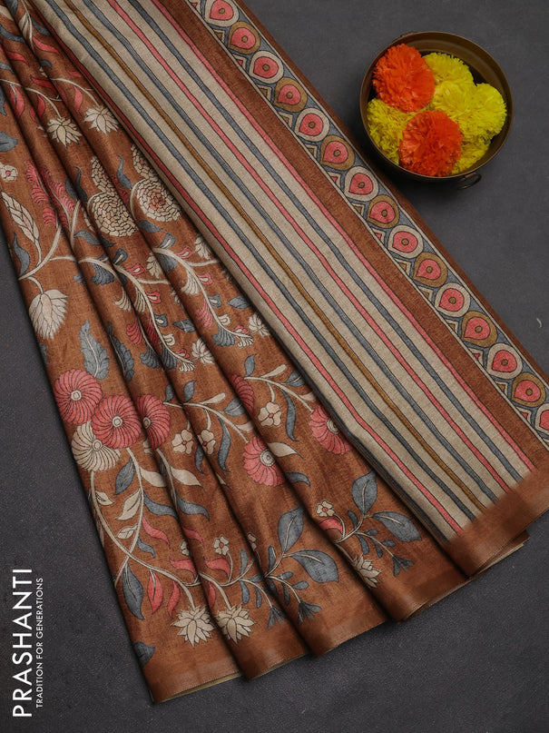 Semi tussar saree dark mustard with allover prints and piping zari woven border