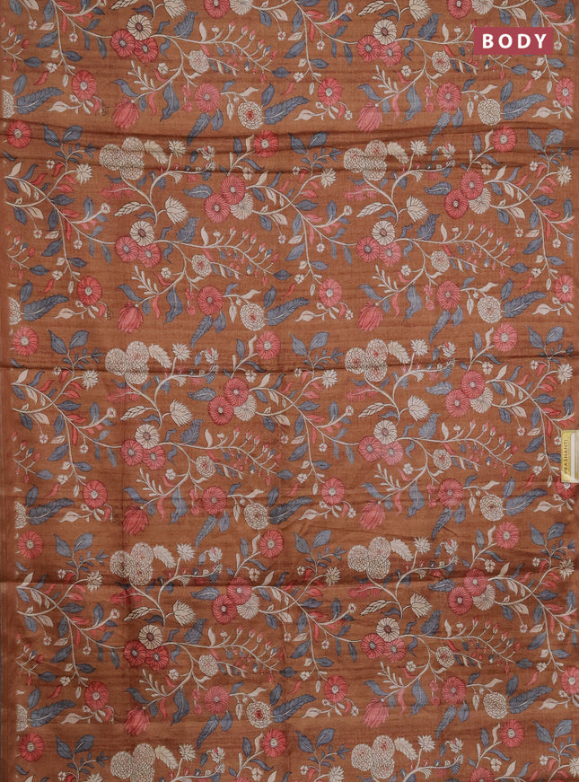 Semi tussar saree dark mustard with allover prints and piping zari woven border