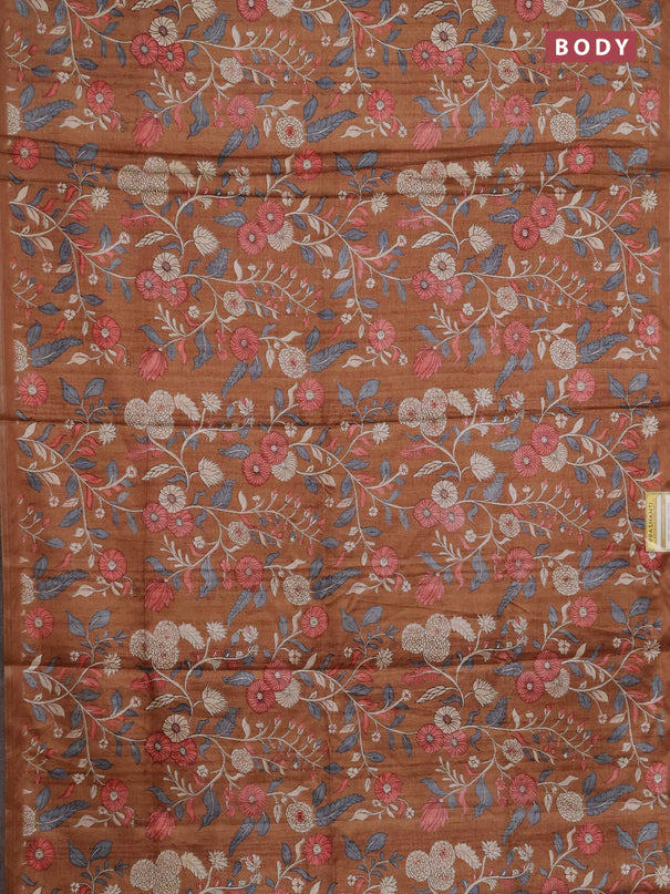 Semi tussar saree dark mustard with allover prints and piping zari woven border