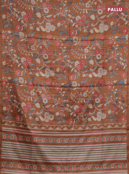 Semi tussar saree dark mustard with allover prints and piping zari woven border
