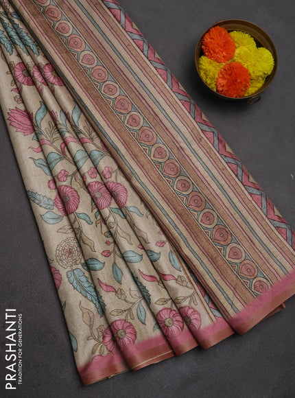 Semi tussar saree beige and mauve pink with allover prints and piping zari woven border