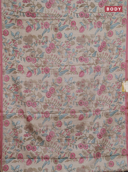 Semi tussar saree beige and mauve pink with allover prints and piping zari woven border