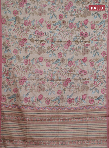 Semi tussar saree beige and mauve pink with allover prints and piping zari woven border