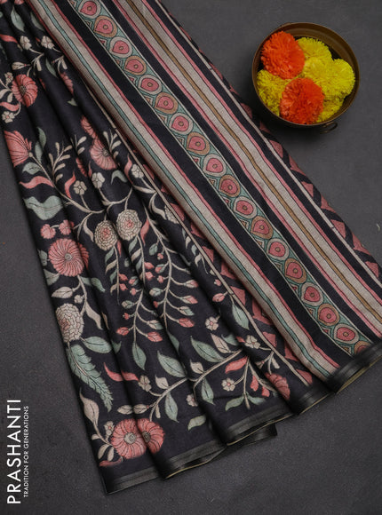 Semi tussar saree black with allover prints and piping zari woven border