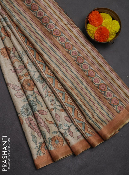 Semi tussar saree beige and dark mustard with allover prints and piping zari woven border